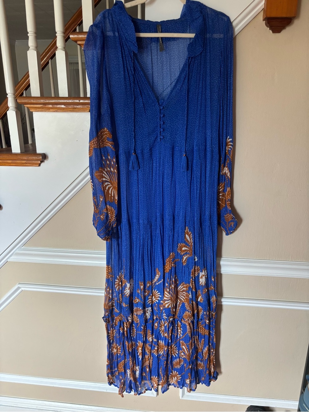 Anthropologie Marais Boho Blue Floral Maxi Dress with Brown Accent